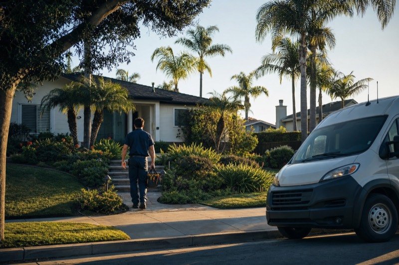 A service technician arriving at a suburban home