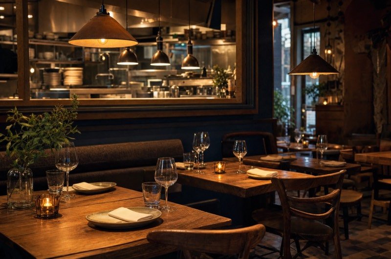 The warm interior of a small neighbourhood restaurant